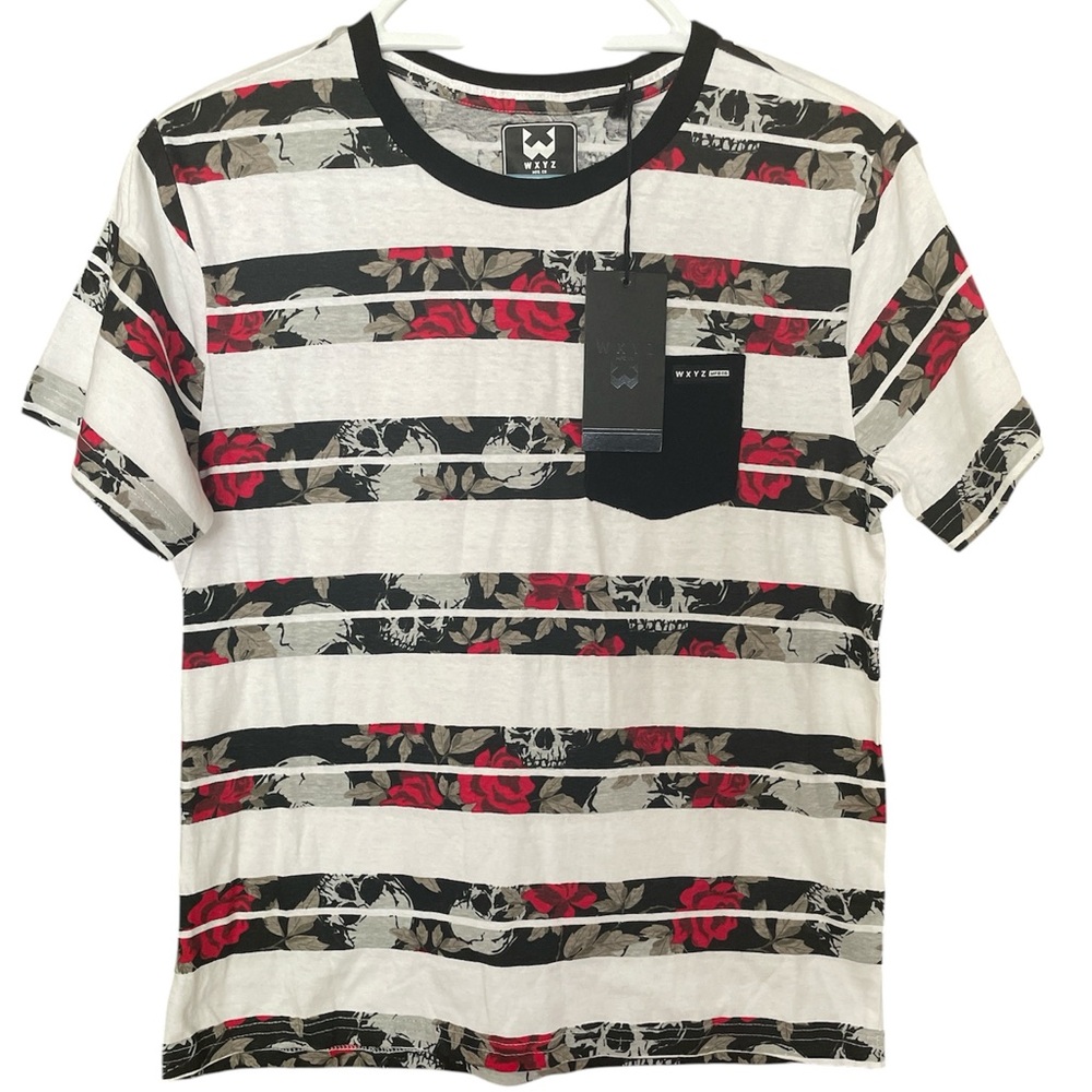 WXYZ Skull and Roses Striped Top with Black Chest Pocket NWT size Medium